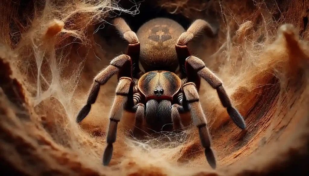 Close-up of a brown recluse spider in a dry, dark attic, with a distinctive violin-shaped marking on its back.