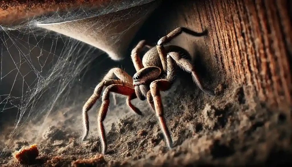 Close-up of a hobo spider in a dark, damp basement corner with a funnel-shaped web in the background.