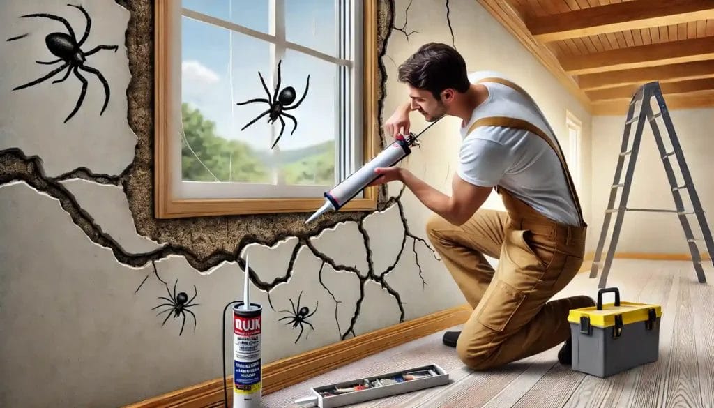 a man sealing cracks in a wall to prevent spiders from entering the home