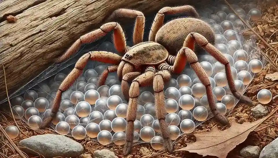 female Huntsman spider laying eggs in its natural habitat