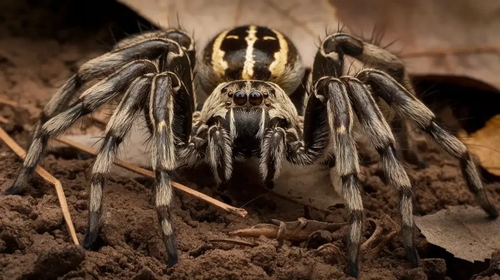 Close-up view of a Carolina wolf spider with large hairy legs, dark brown and black markings, and eight gleaming eyes on a natural forest floor with dry leaves and soil.