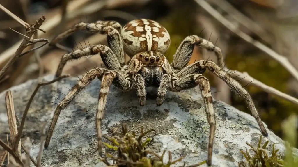 Carolina wolf spider standing on a rock in a defensive posture with front legs raised, displaying its patterned abdomen, surrounded by twigs and moss in a natural habitat.
