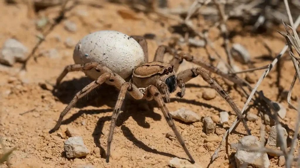 Carolina wolf spider carrying an egg sac on its abdomen, walking across a dry, sandy landscape with pebbles and dried grass, its shadow visible on the ground.