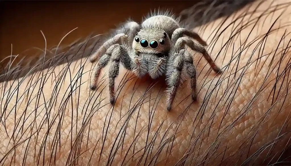 A close-up image of a baby wolf spider resting on a man's arm