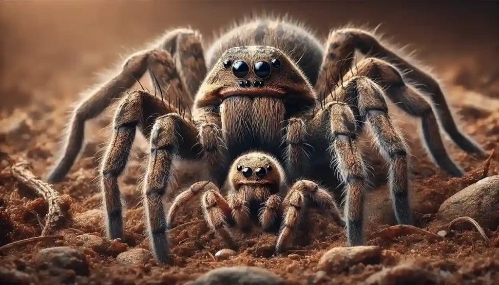 A close-up image showing both a mother wolf spider and her baby