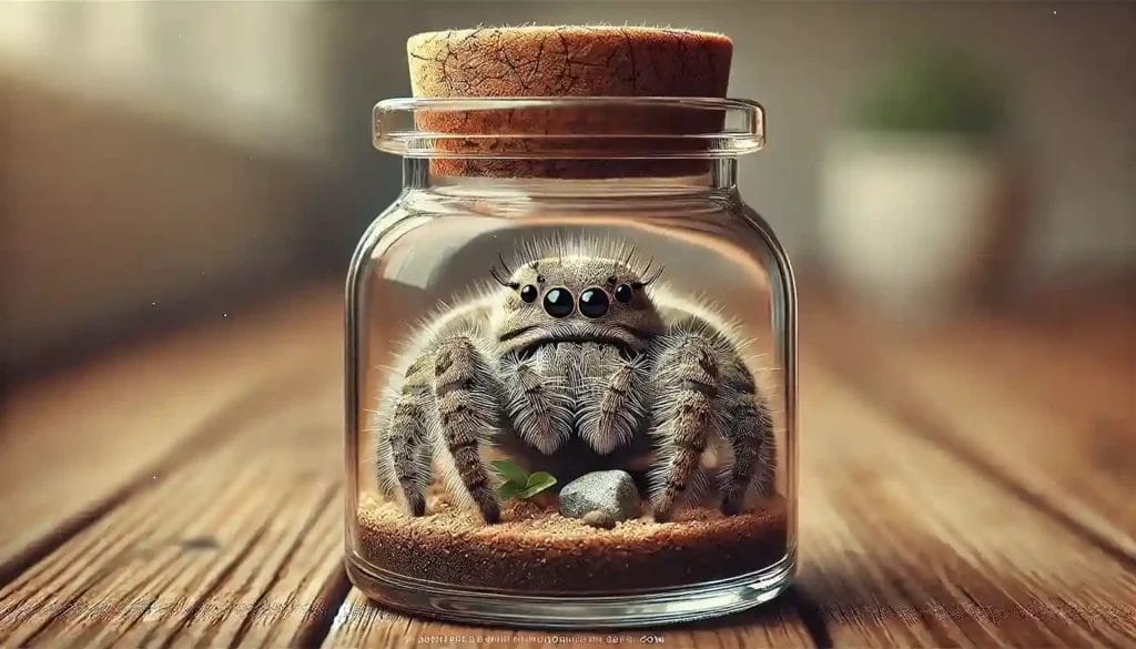 A detailed image of a baby wolf spider kept in a jar as a pet