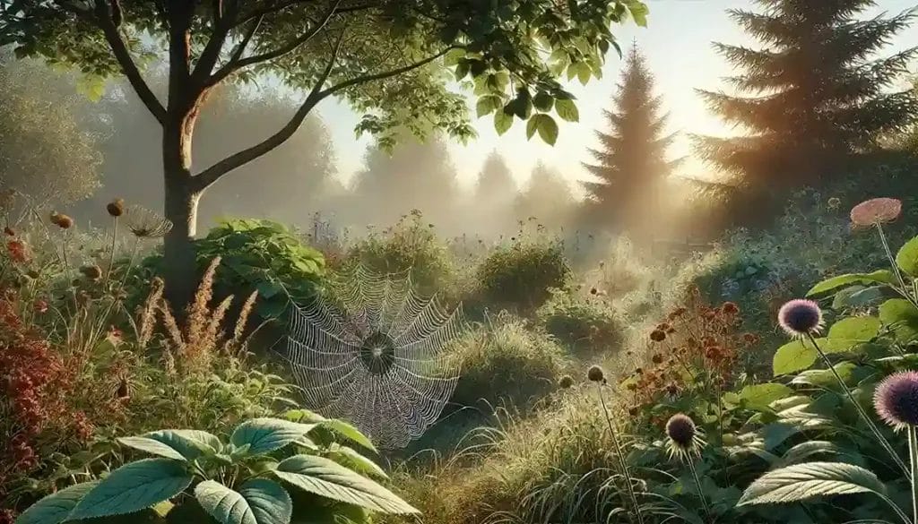 A realistic wide image of a natural garden habitat