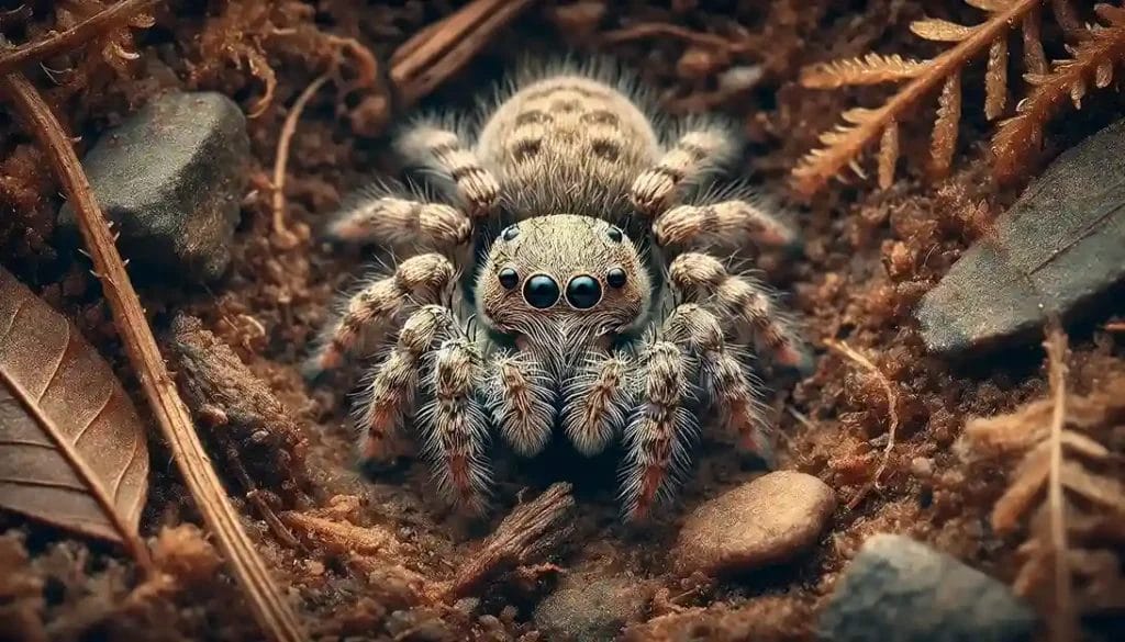 An aerial view of a baby wolf spider