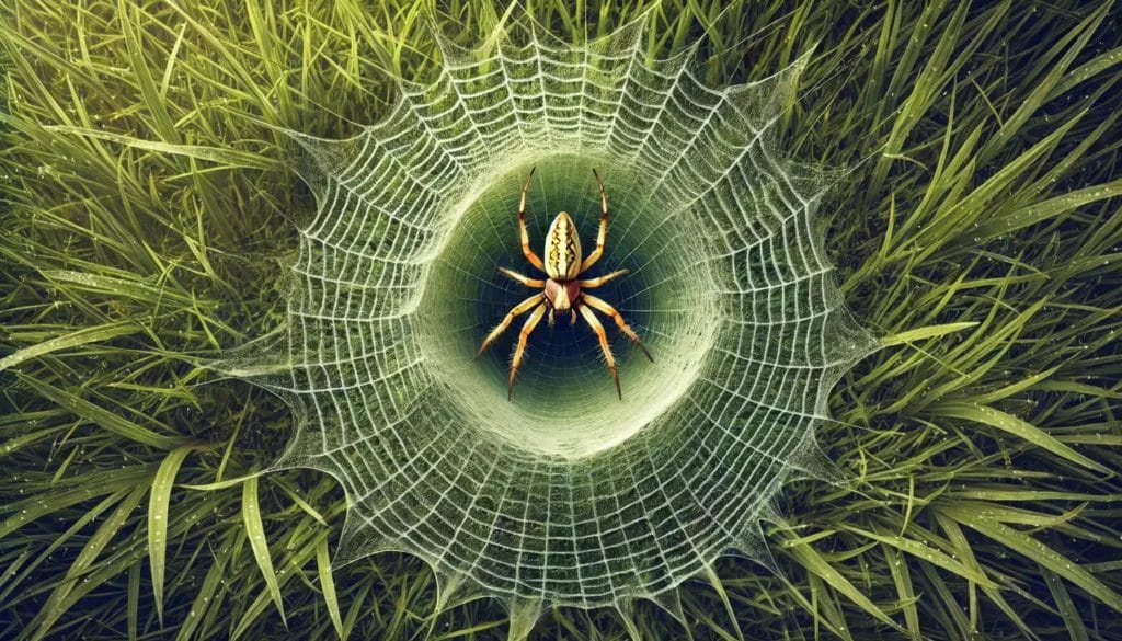 An aerial view of a grass spider sitting in its web