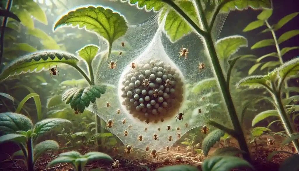image showing a garden spider's silk egg sac attached to plants